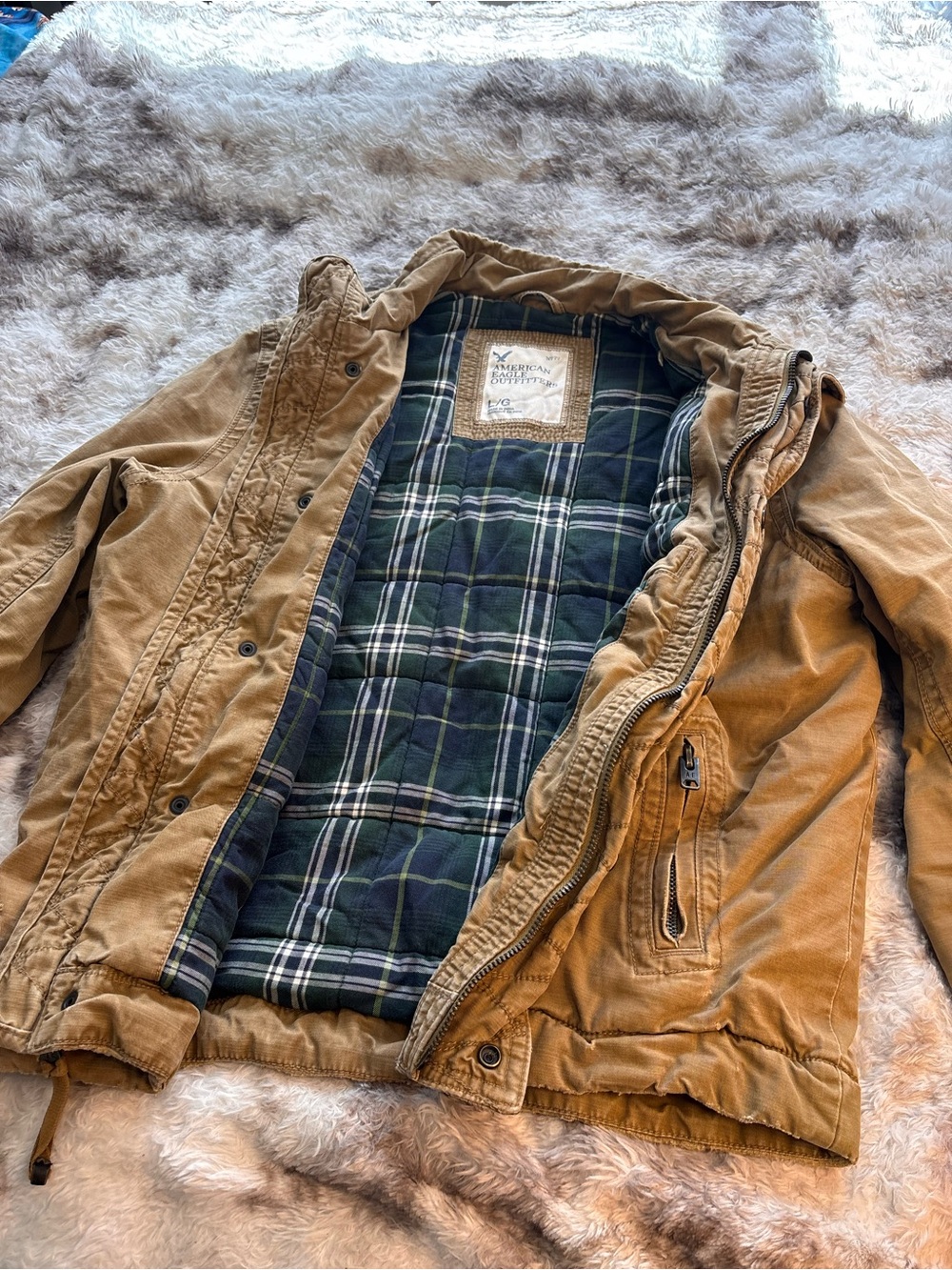 American Eagle Outfitters Tan Canvas Field Jacket with Green Plaid Lining